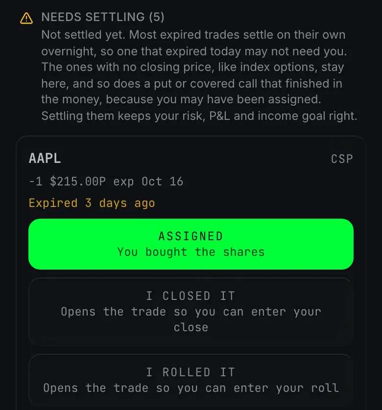 The Needs settling list on the CFU Book home screen: a cash secured put that expired in the money, with the choices Assigned, I closed it and I rolled it.